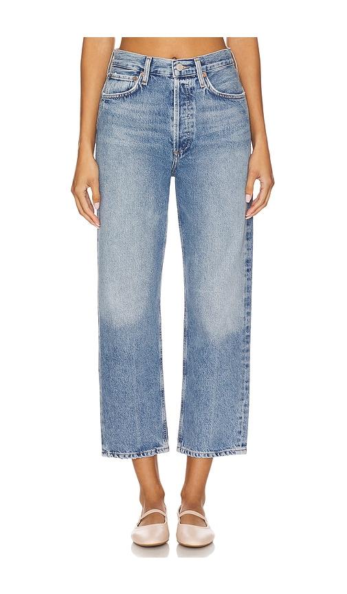 agolde 90s mid rise loose straight crop jeans in blue.