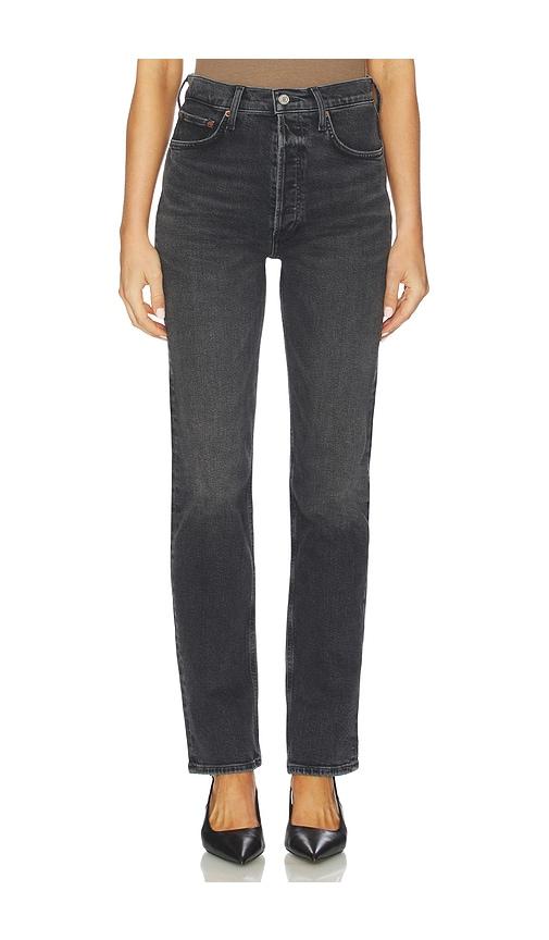agolde 90s pinch waist high rise long straight jeans in black.