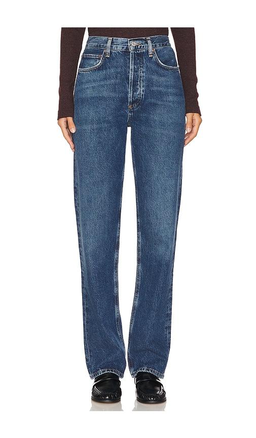 agolde 90s pinch waist high rise straight jeans in blue.