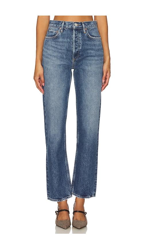 agolde 90s pinch waist high rise straight jeans in blue.
