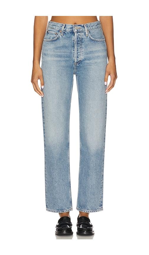 agolde 90s pinch waist high rise straight jeans in blue.