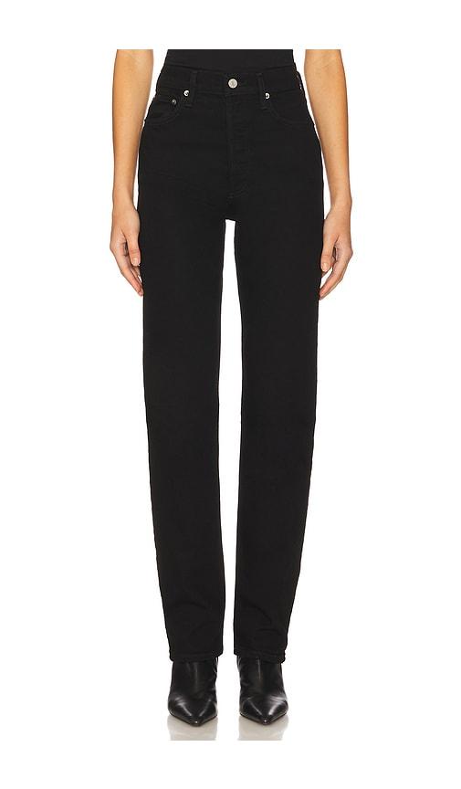 agolde 90s pinch waist long high rise straight jeans in black.