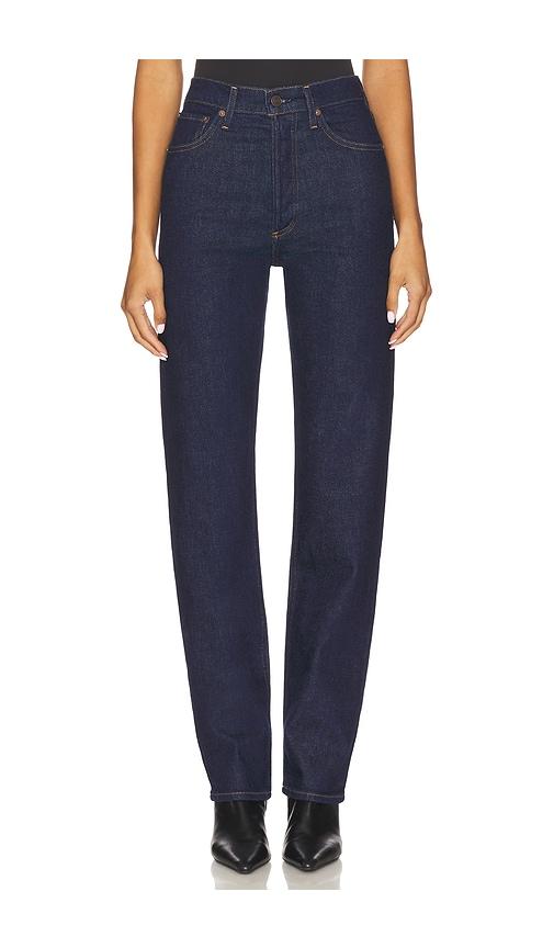 agolde 90s pinch waist long jeans in blue.