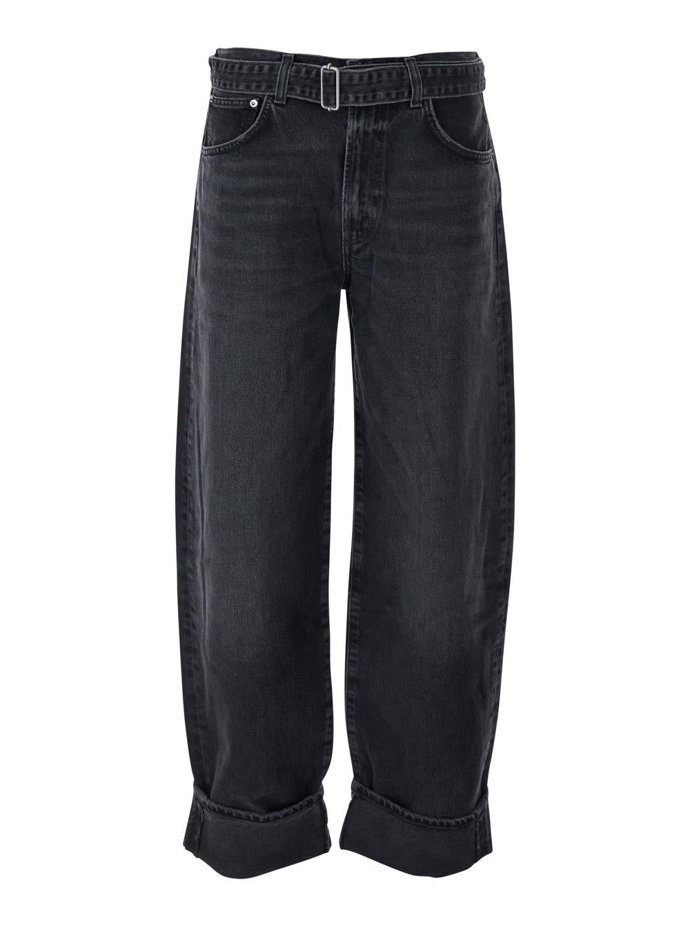 agolde arcane grey jeans with belt and turn-up hem in denim woman