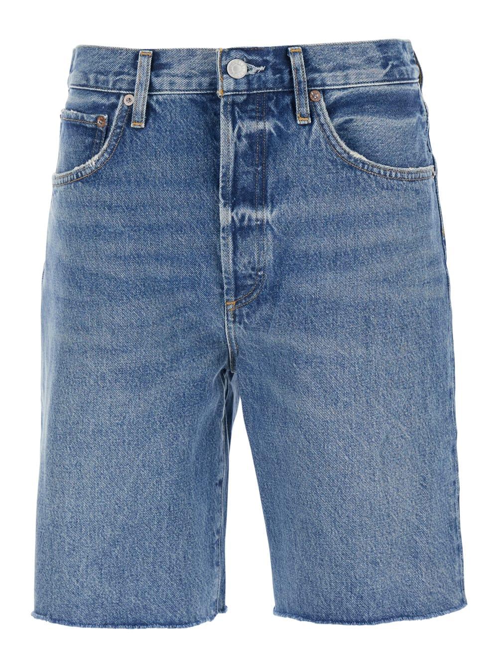 agolde blue five-pocket shorts with button closure in denim woman