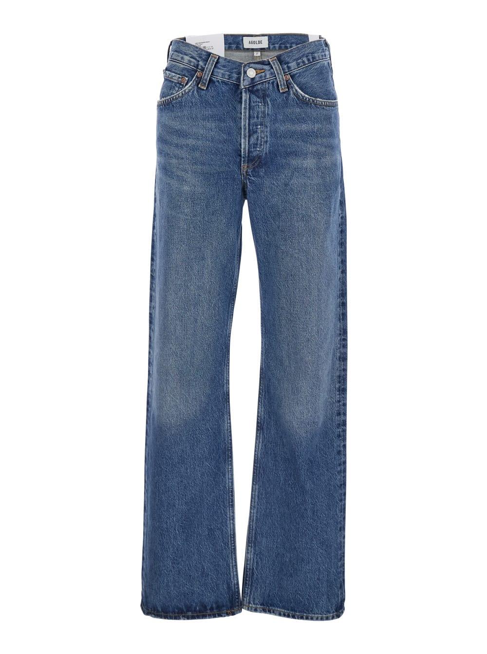agolde blue jeans with beltl loops and logo patch on the rear in denim woman