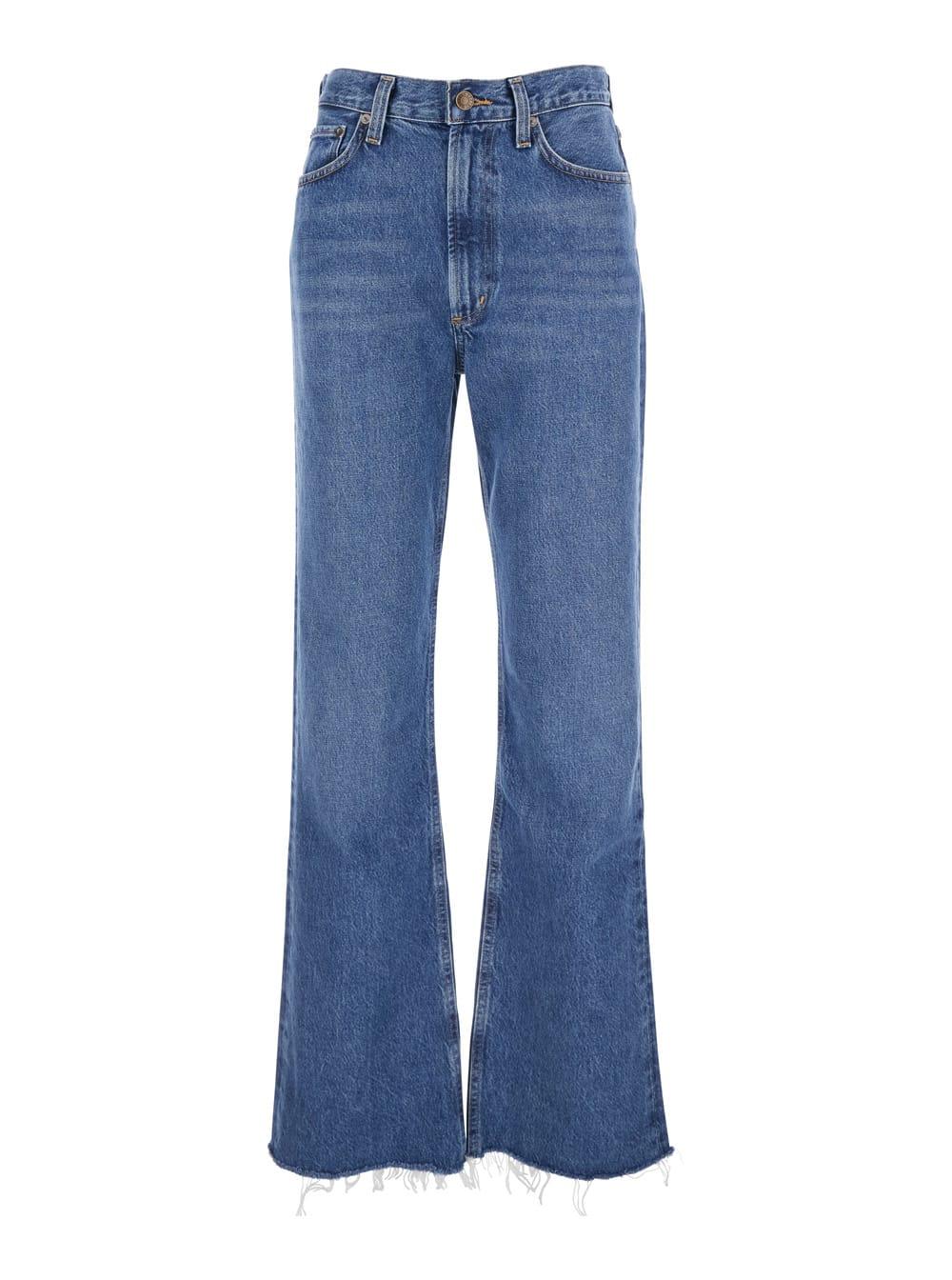 agolde blue jeans with logo patch on the rear and flared leg in denim woman