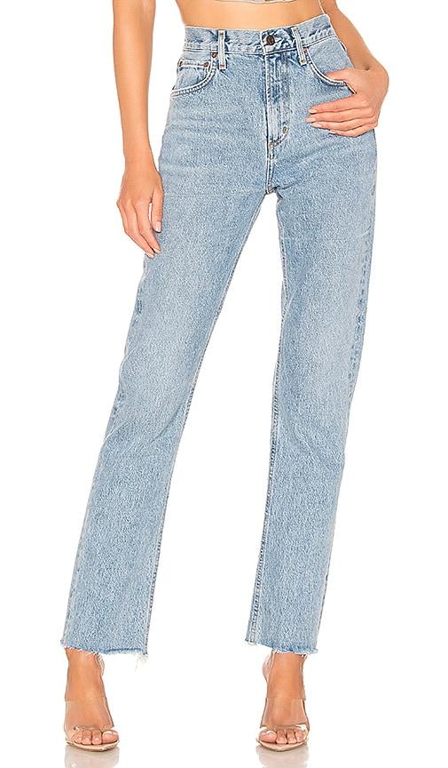 agolde cherie high rise straight jeans in blue.