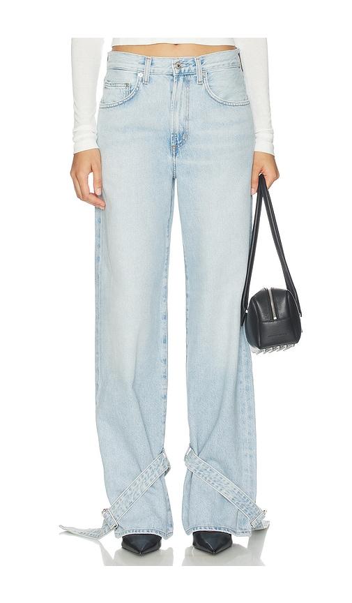 agolde cinched hem loose taper jeans in blue.