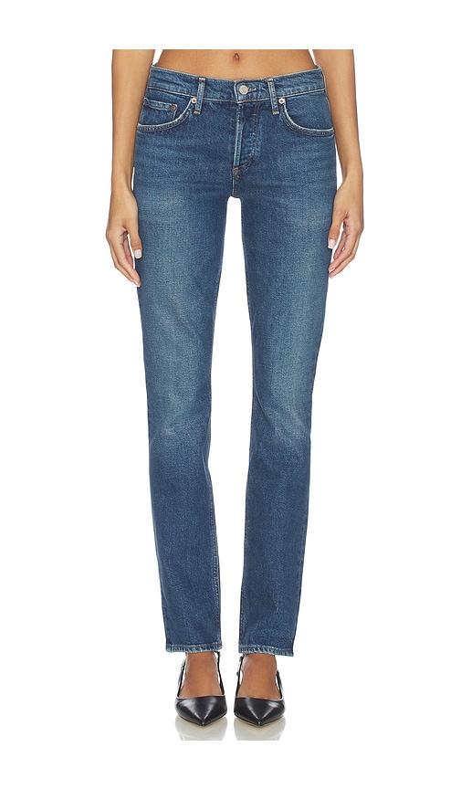 agolde cocktail low rise stacked skinny jeans in blue.