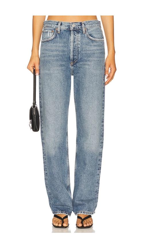 agolde fran low slung easy straight jeans in blue.