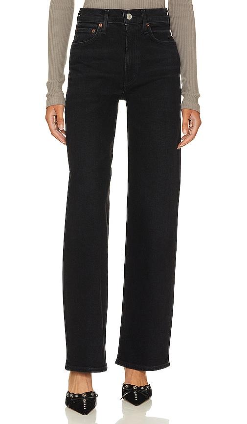 agolde harper mid rise wide straight jeans in black.