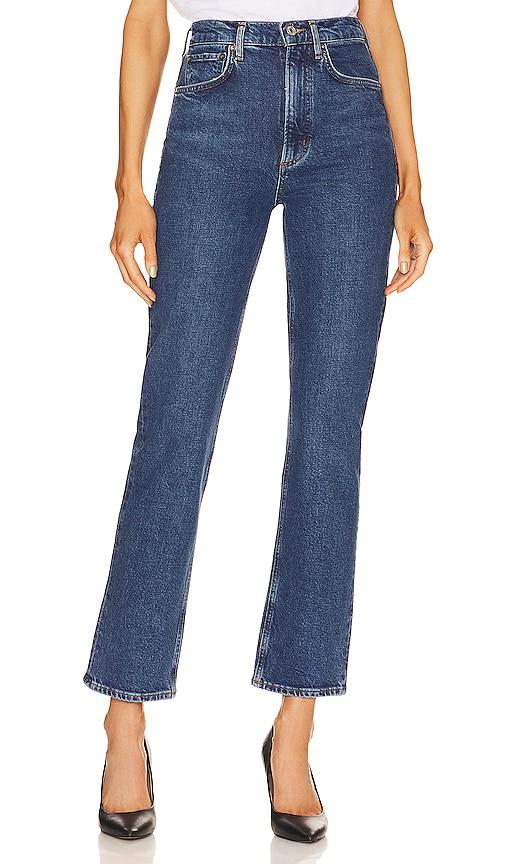 agolde high rise stovepipe jeans in denim-dark.