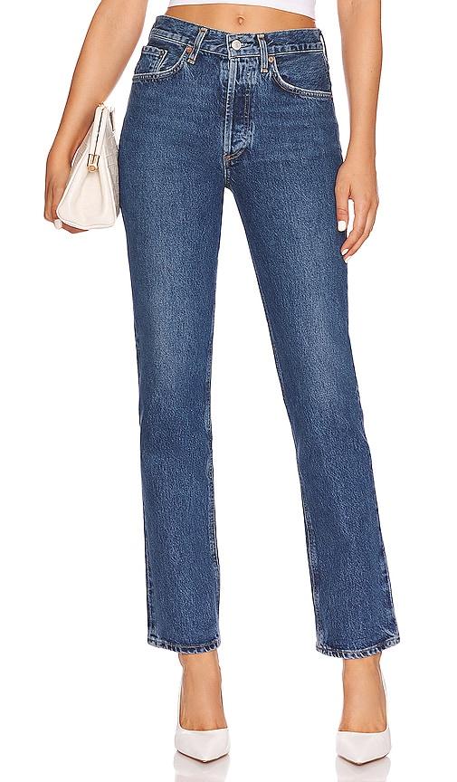 agolde lana mid rise straight jeans in denim-medium.