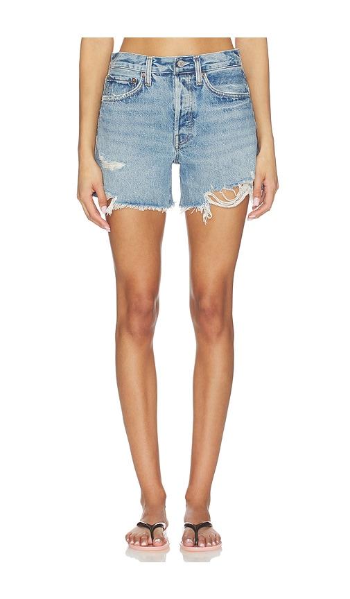 agolde long parker shorts in blue.