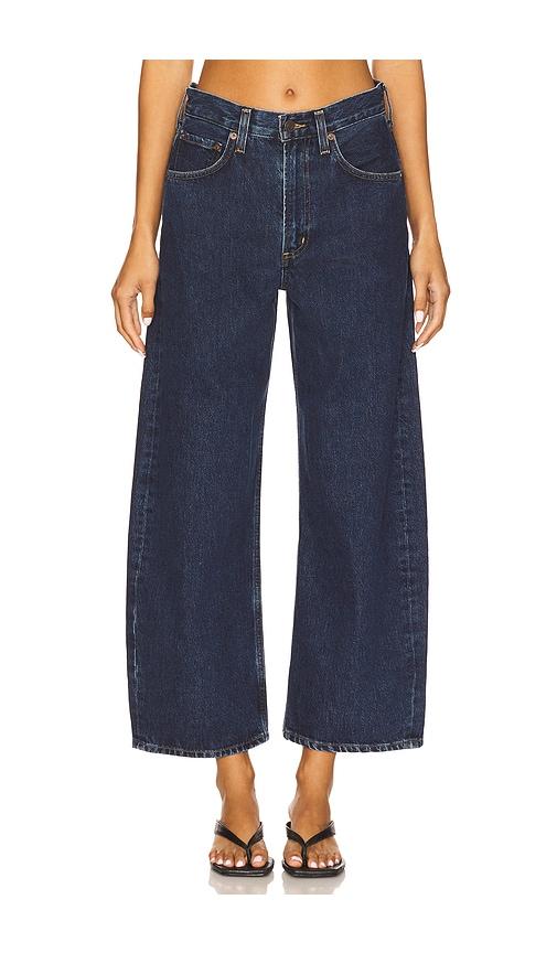 agolde low curve crop jeans in blue.