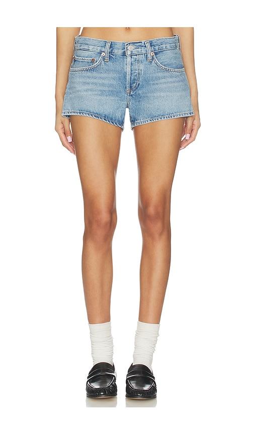 agolde low rise parker shorts in blue.