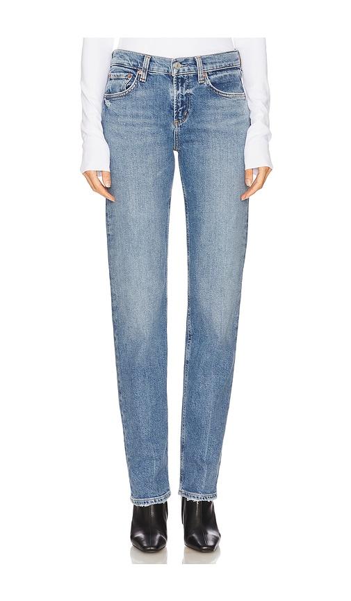 agolde low rise slim jeans in blue.