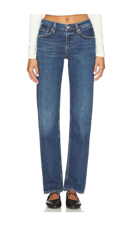 agolde low rise slim jeans in blue.