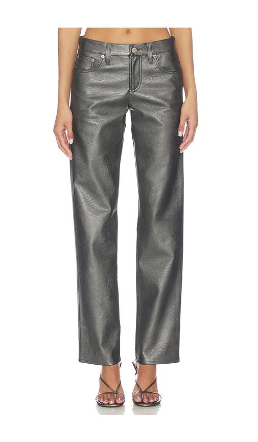 agolde low rise slim pants in metallic silver, grey.