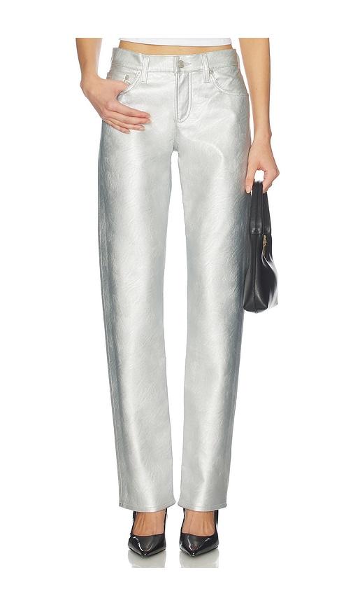 agolde low rise slim pants in metallic silver, grey.