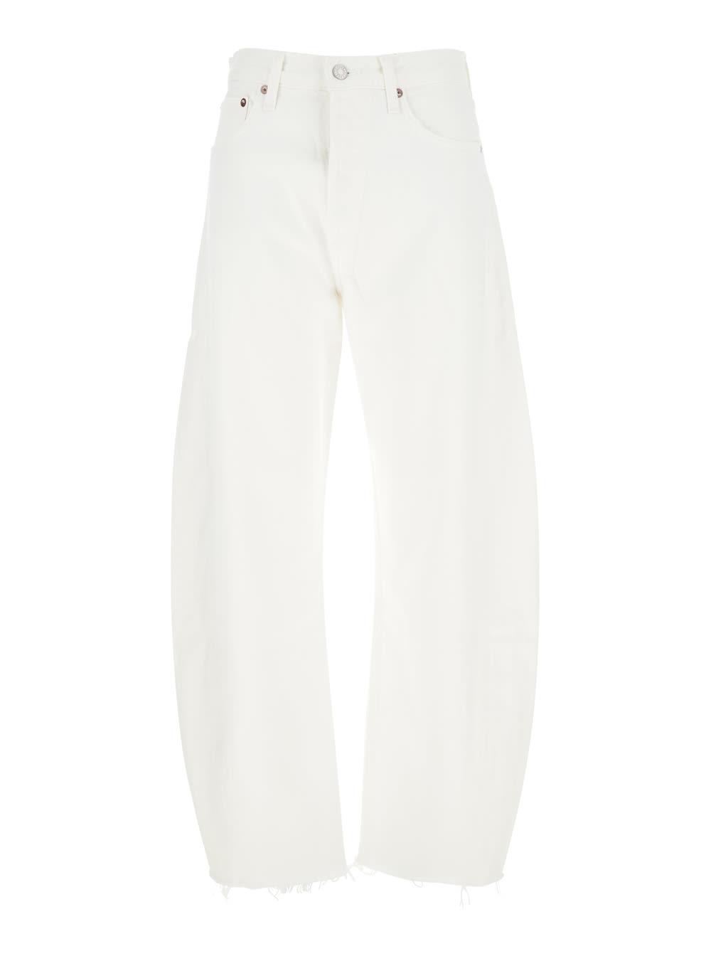agolde luna white jeans with logo patch on the rear and fringed hem in denim woman