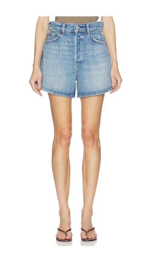 agolde lyonne cinched waist shorts in blue.