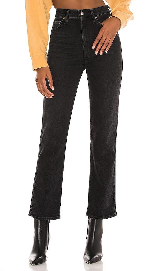 agolde pinch waist high rise kick flare jeans in black.