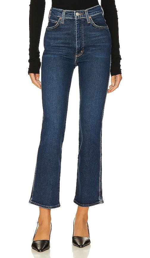 agolde pinch waist high rise kick flare jeans in denim-dark.