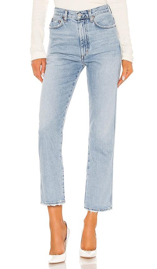 agolde pinch waist high rise kick jeans in blue.