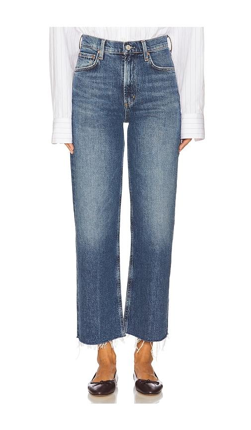agolde ren high rise wide leg jeans in blue.