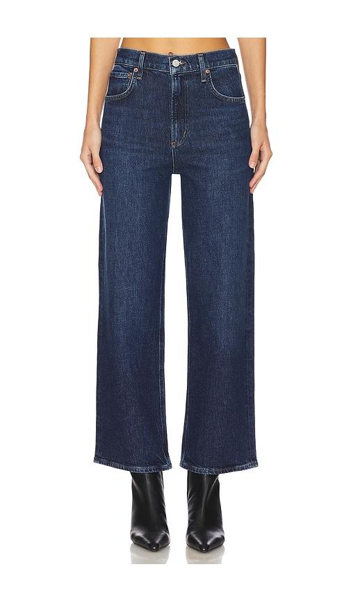 agolde ren high rise wide leg jeans in denim-dark.