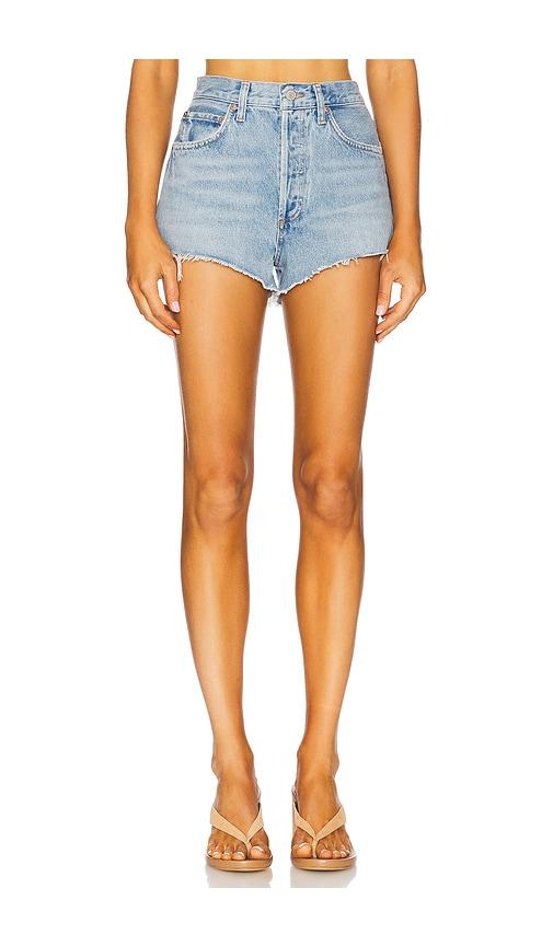 agolde ridley high rise short in blue.