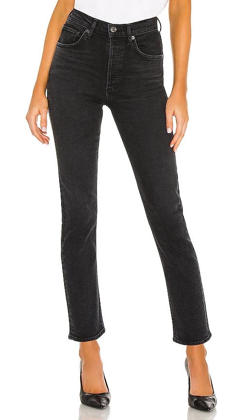 agolde riley high rise straight crop jeans in black.