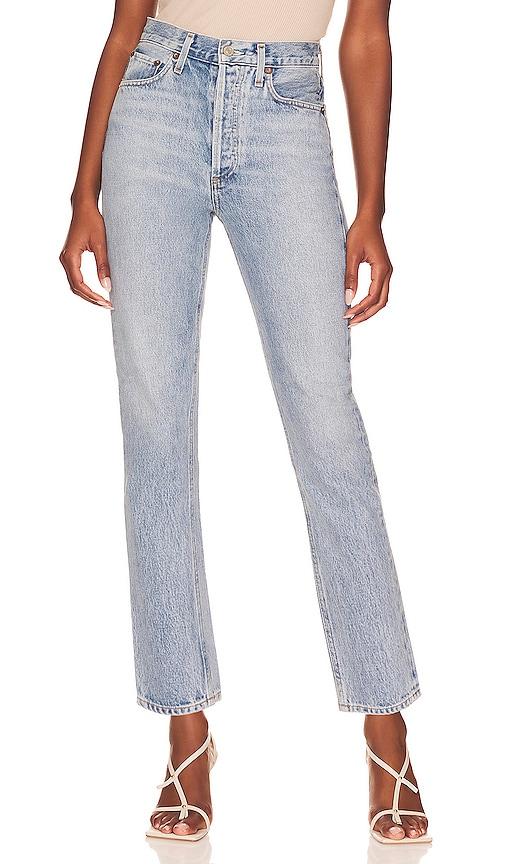 agolde riley high rise straight crop jeans in blue.