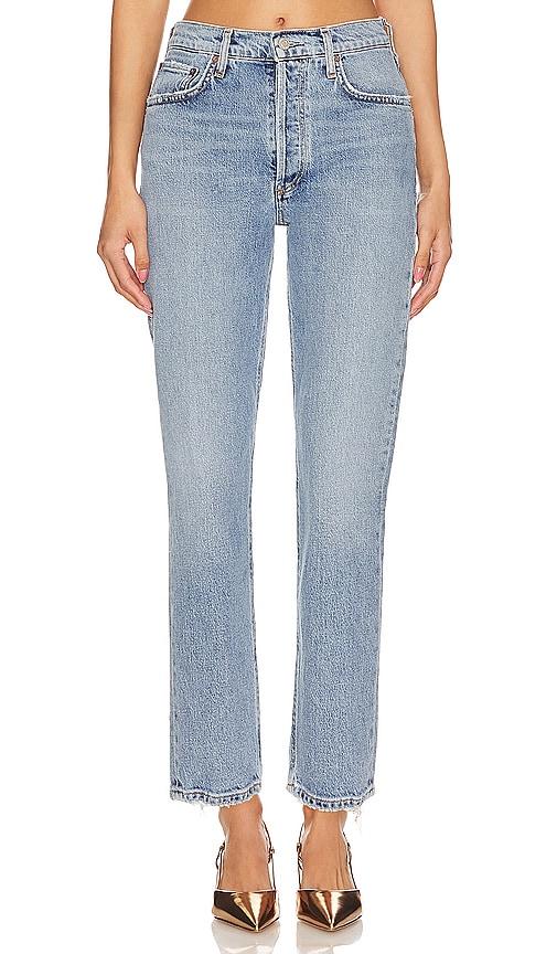 agolde riley high rise straight crop jeans in denim-light.
