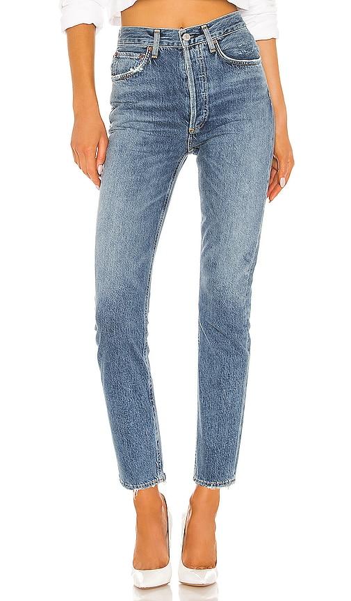 agolde riley high rise straight crop jeans in denim-medium.