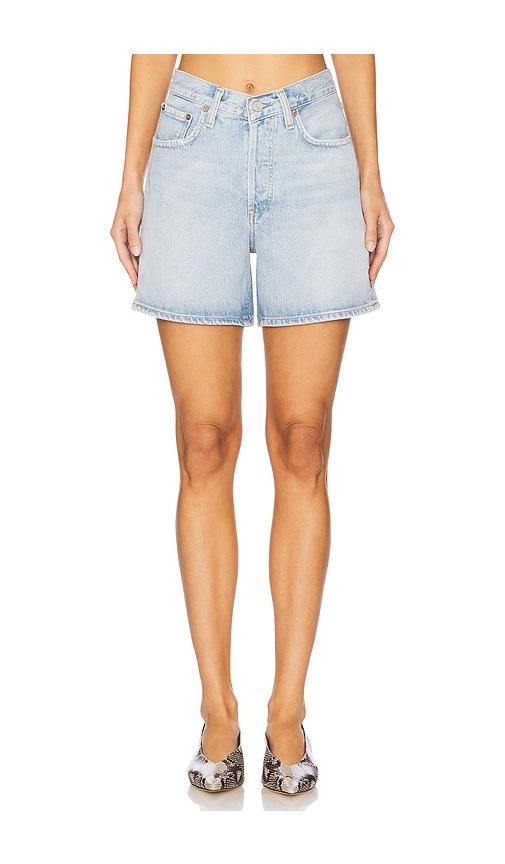 agolde v-waist short in blue.