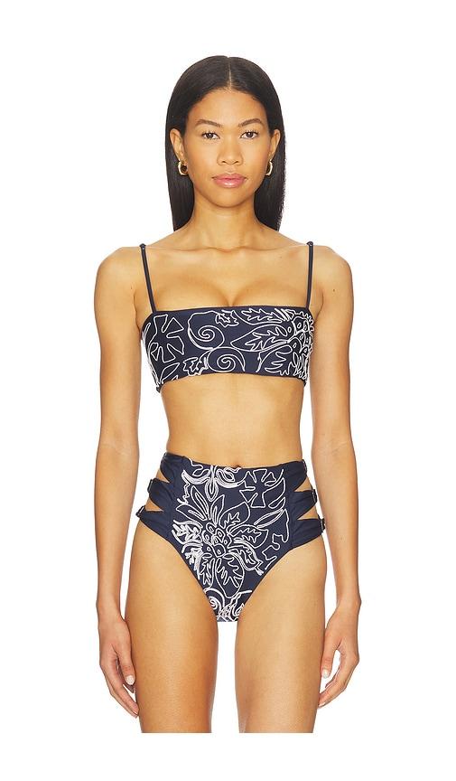 agua bendita brietta batik bikini top in navy.