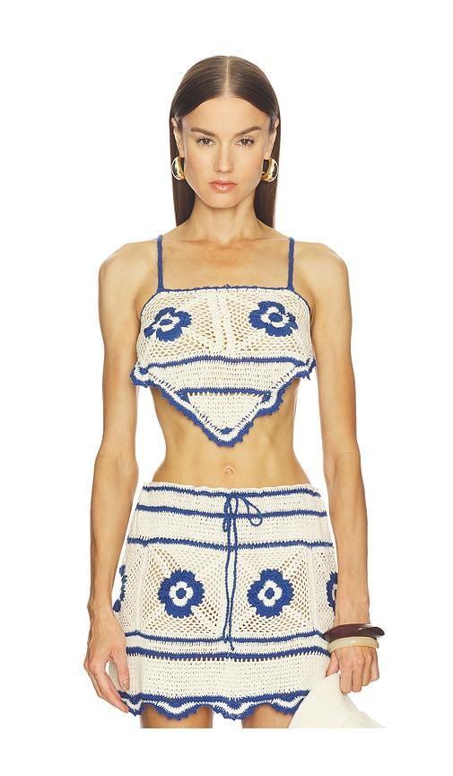 agua bendita melissa crop top in white,blue.