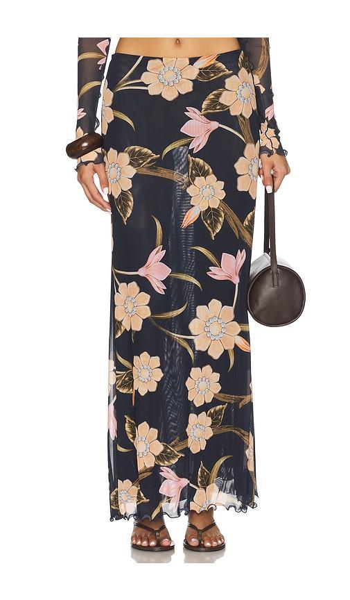 agua bendita x revolve brace skirt in burgundy floral in navy.