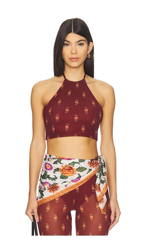 agua bendita x revolve jam crop top in burgundy.