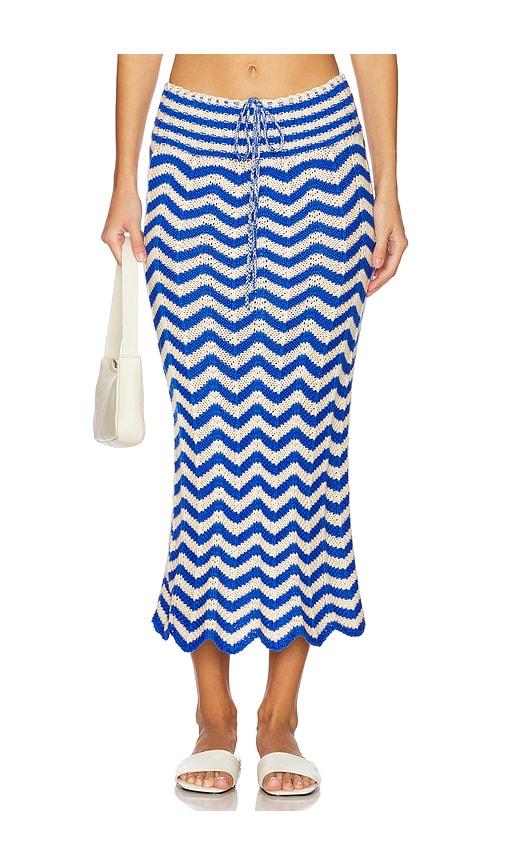 agua bendita x revolve mira midi skirt in blue.