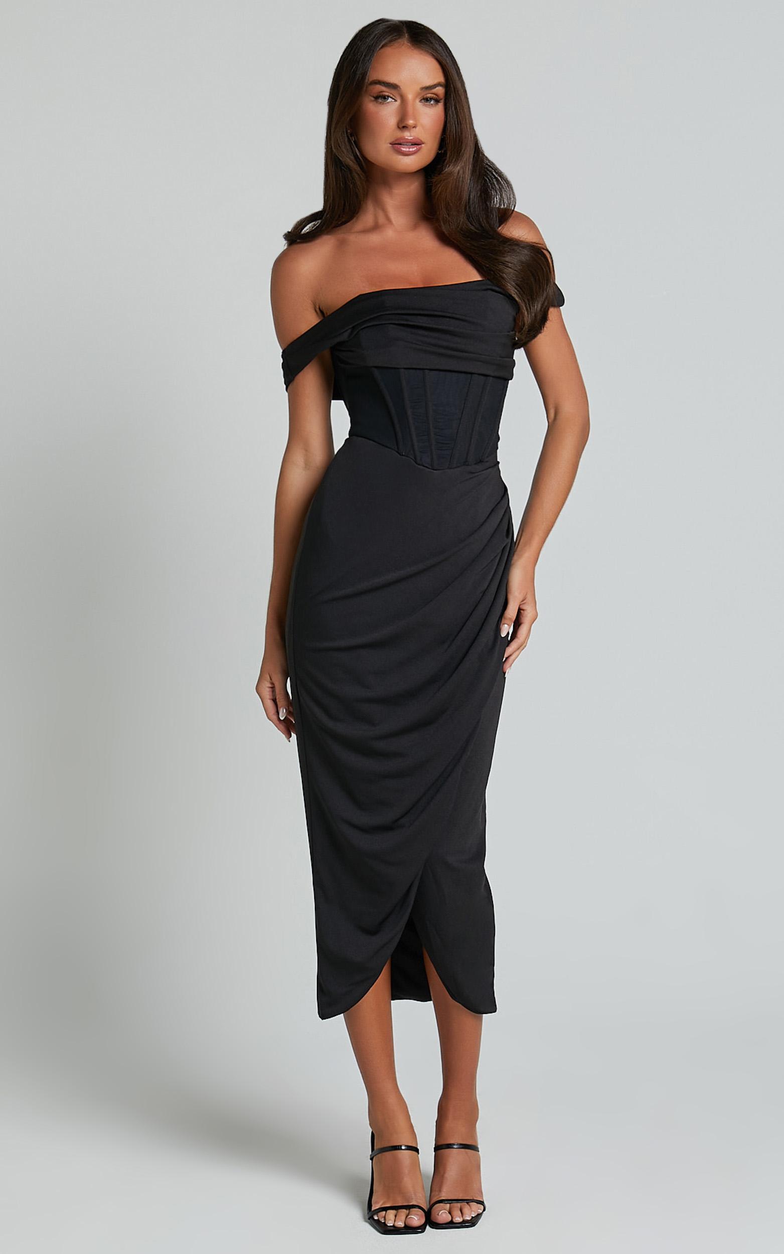 aidia midi dress - off shoulder draped corset dress in black