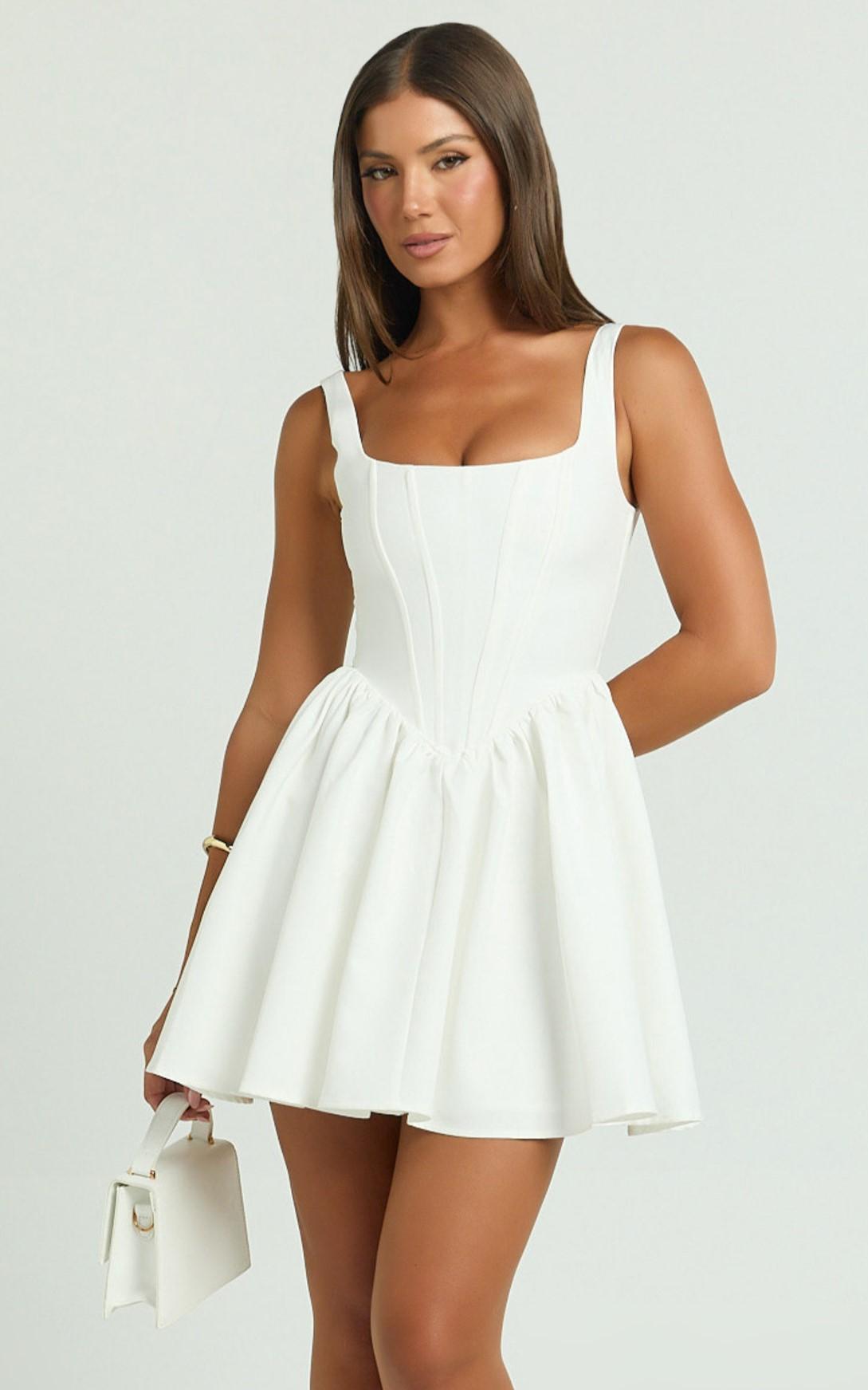 aimee mini dress - scoop neck corset gathered dress in white