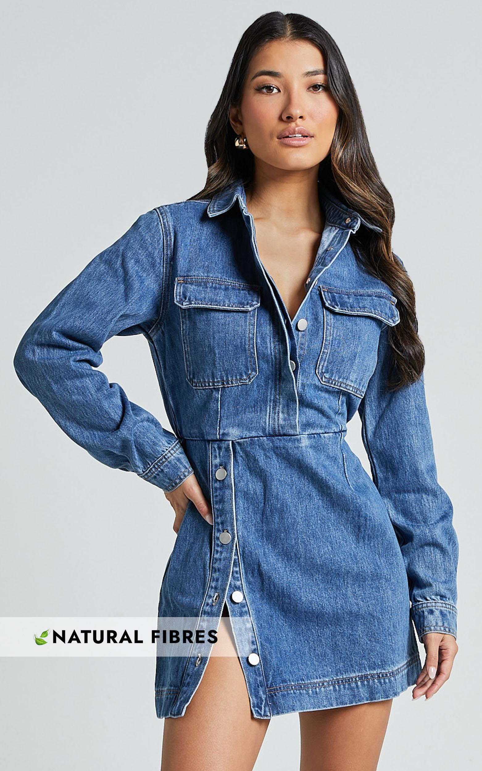 ainsley mini dress - button through long sleeve denim dress in mid blue wash