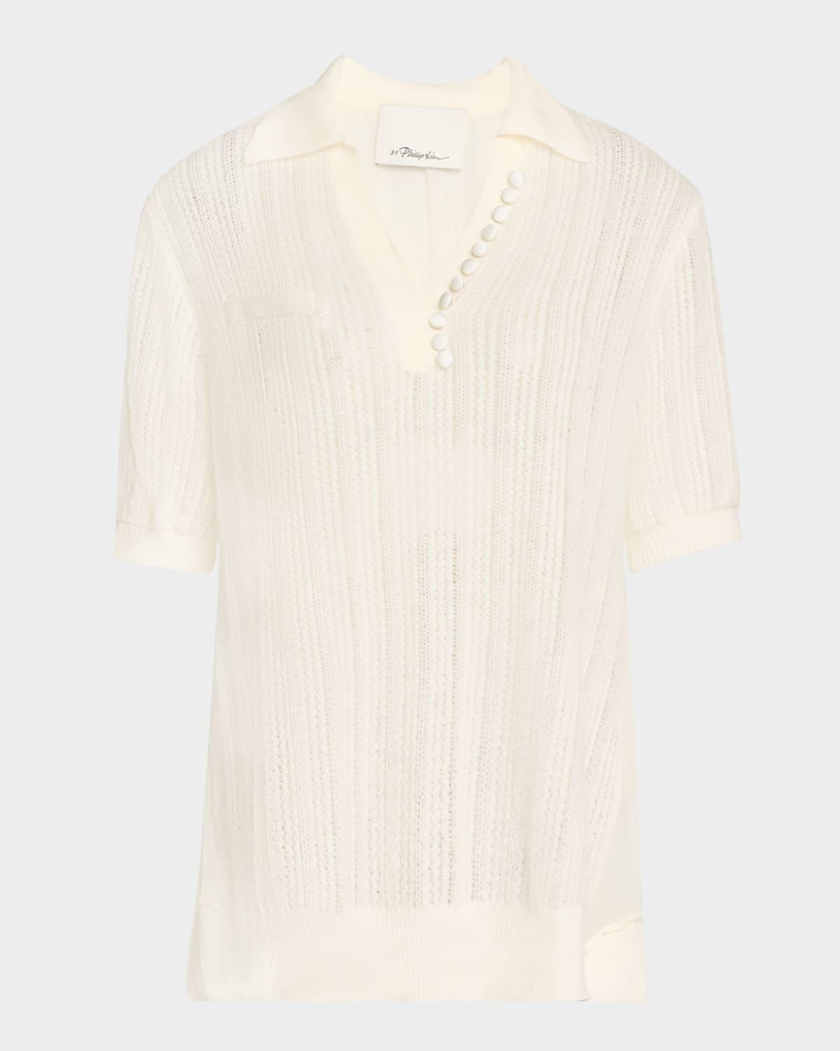 airy short-sleeve open-knit polo top