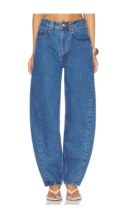 aje stevie barrel ankle jeans in blue.