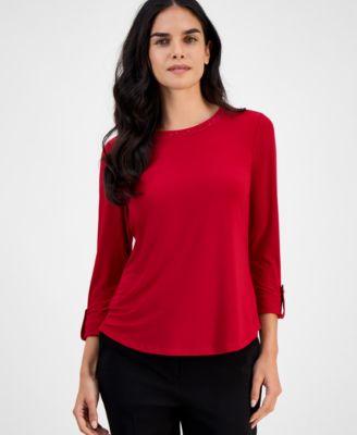 ak anne klein womens embellished neck roll tab sleeve top