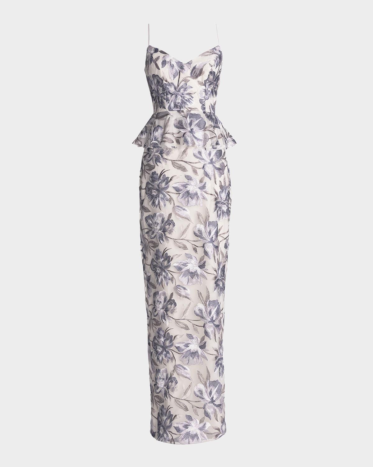 akiah floral-embroidered peplum gown